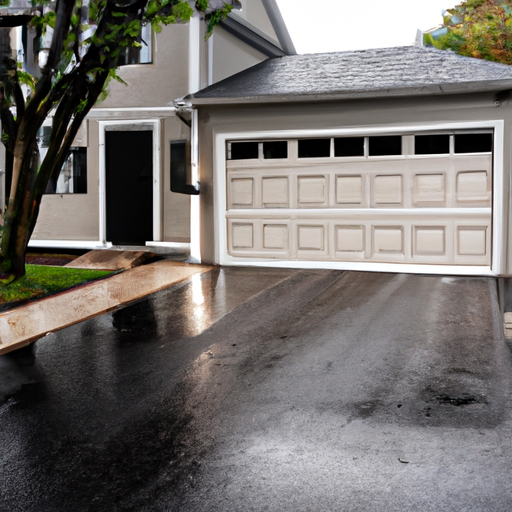 Suburban Medfield driveway with a modern sectional garage door in early morning light, no people.