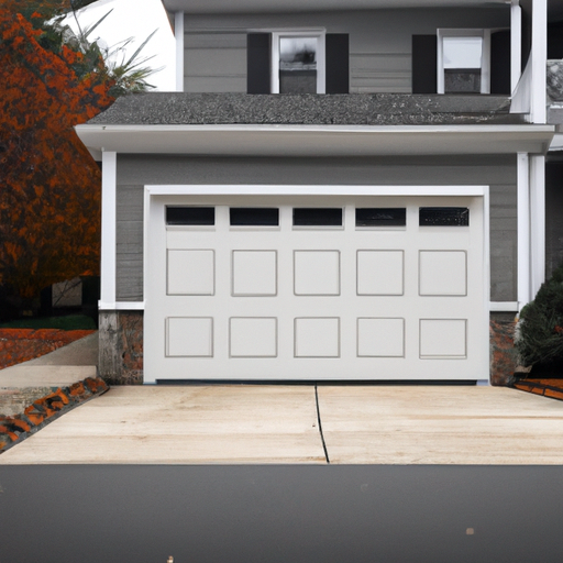 Sectional garage door on a colonial New England house in Medfield, MA with driveway visible under overcast sky.