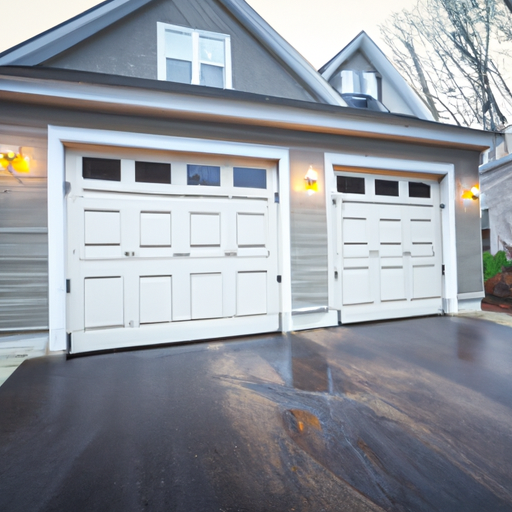 Suburban Medfield home showing a modern closed garage door on a two-car garage with wet pavement and crisp morning light.