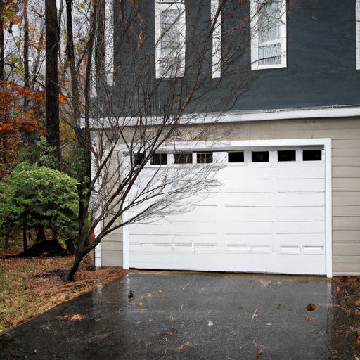Suburban Medfield MA garage exterior with visible bottom seal and wet pavement illustrating weatherproofing context.