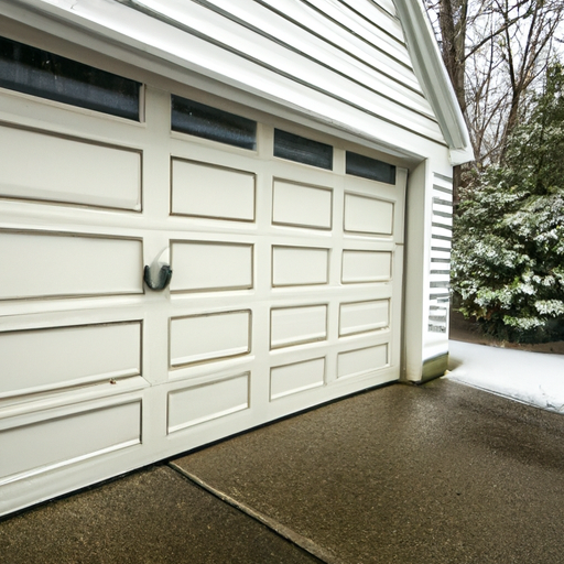 Insulated sectional garage door on a suburban Medfield, MA house with light snow and visible weatherstripping.