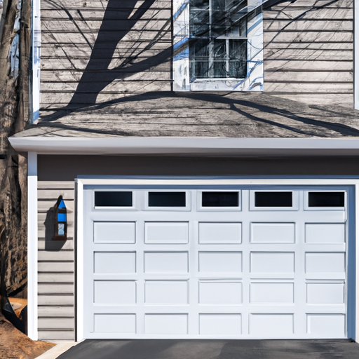 Suburban Medfield garage door on a colonial-style home, clear view of door panels and hardware, late morning light.