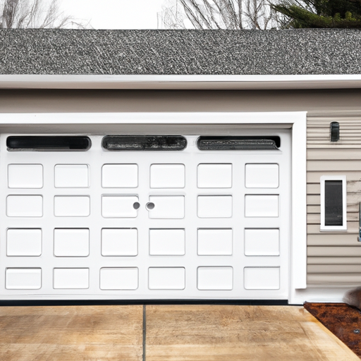 Suburban Medfield home with a modern insulated garage door closed; visible panel texture and bottom seal.