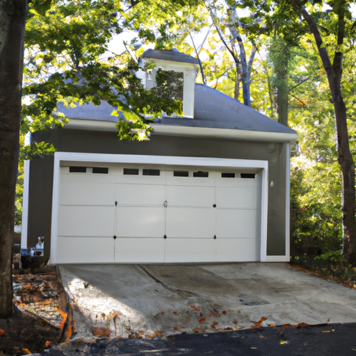 Suburban Medfield home with a closed modern steel garage door, early morning light, driveway and trees in view.