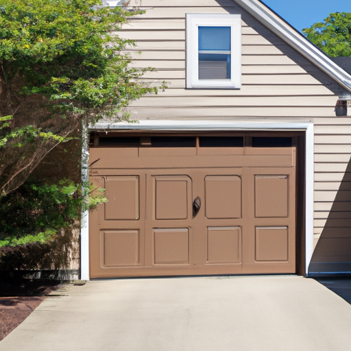 Closed insulated woodgrain steel garage door on a suburban Medfield house, trimmed shrubs and clear daylight.