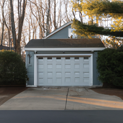 Suburban Medfield home with a closed insulated garage door, early morning light and damp driveway.