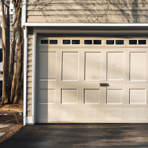 Suburban Medfield driveway with a closed residential garage door, weatherstripping and threshold visible, late-afternoon light.