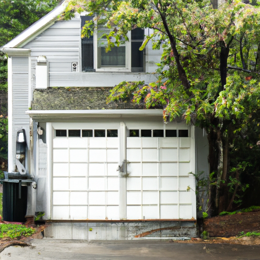 Residential garage door on a New England home in Medfield, MA on a wet street, door and driveway visible, no people.