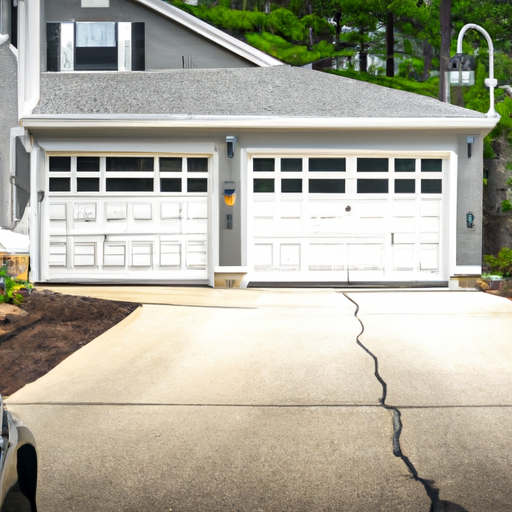 Exterior view of a suburban Medfield garage door on a Colonial-style home, driveway and opener visible.