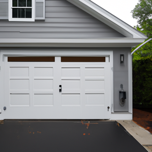 Suburban Medfield garage door with visible smart opener mounted inside, neutral siding and driveway, overcast light