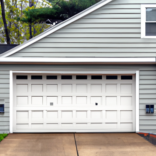 Suburban Medfield MA home with closed garage door, visible hardware and clear driveway, daytime overcast lighting.
