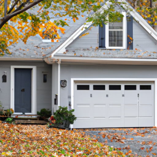 Suburban Medfield home with closed two-car raised-panel garage door and autumn leaves on the driveway.