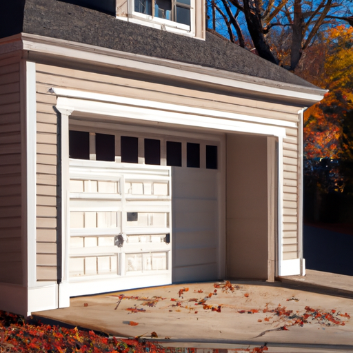 Colonial-style home in Medfield with a visible sectional garage door, threshold and bottom seal, late autumn light.