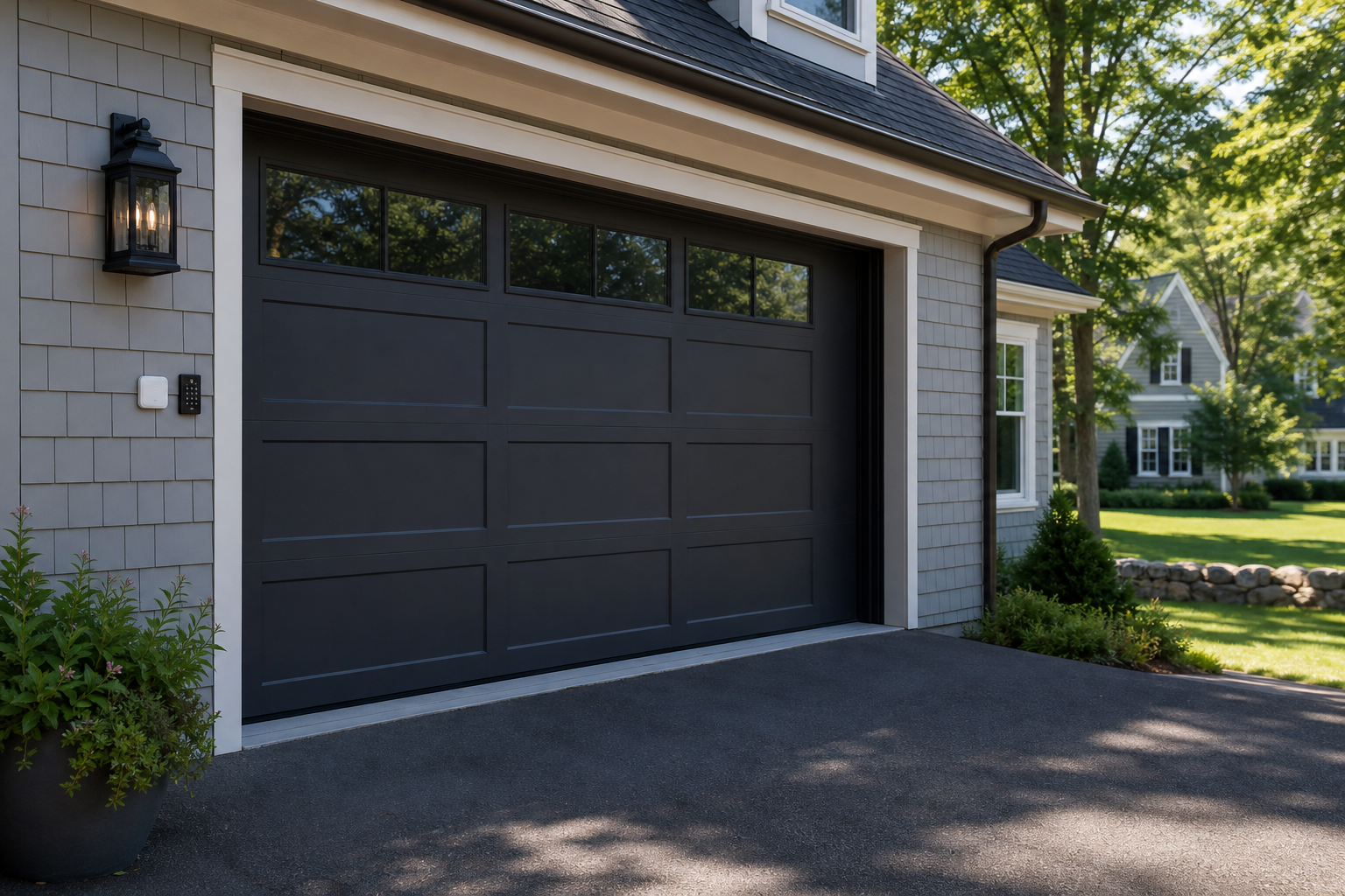 Suburban garage exterior in Medfield with a closed modern garage door and smart controls nearby